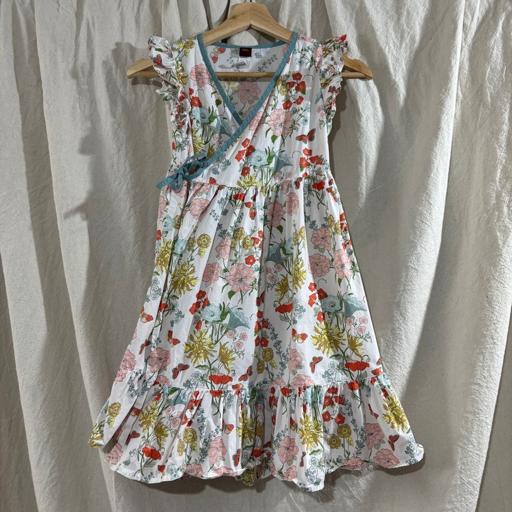 Tea Collection Girls Floral Butterfly Wrap Dress Ruffle Sleeveless White Size 8
